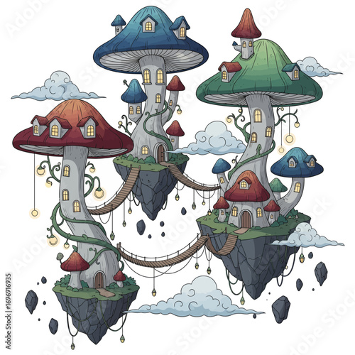 Mushroom houses fantasy illustration of a fairy tale landscape with colorful homes on floating islands in the sky