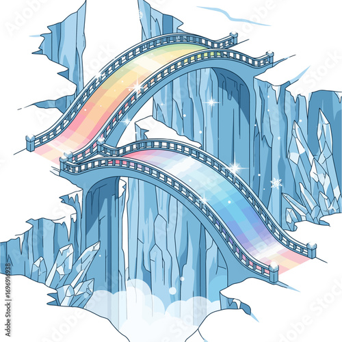 Rainbow bridge fantasy illustration of a magical landscape with a colorful bridge spanning ice cliffs and crystals
