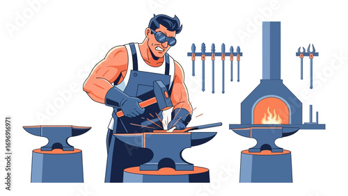 Blacksmith at Work: A skilled craftsman diligently forges metal, wielding a hammer and anvil in a sparks-filled workshop, capturing the essence of traditional craftsmanship and artistry.