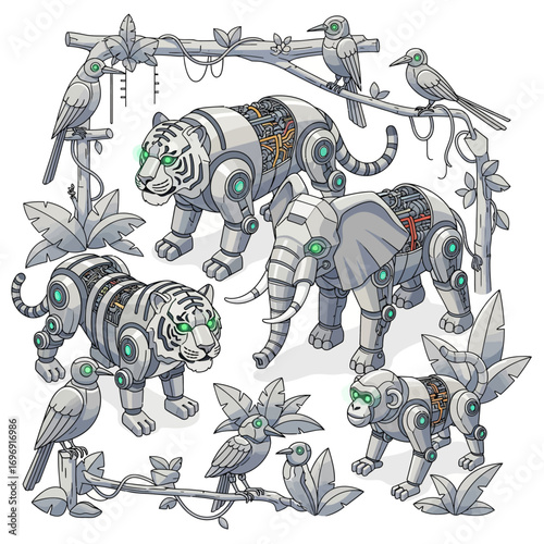 Robotic jungle animals illustration with a biomechanical elephant, tiger, monkey, and birds as a futuristic wildlife concept