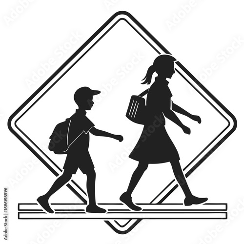 School Crossing Sign Silhouette of Boy and Girl on Road pedestrian crossing traffic sign