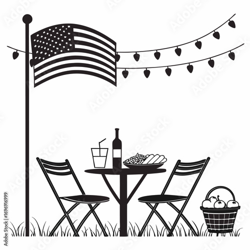 Picnic Setup with American Flag and String Lights Silhouette outdoor celebration