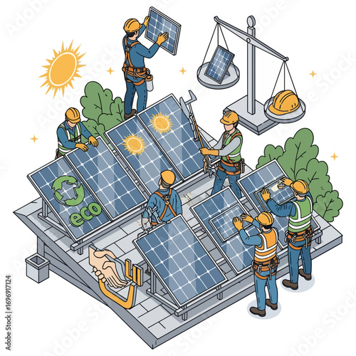 Solar panel workers rights illustration about the balance between clean energy and labor issues in the sustainable energy industry