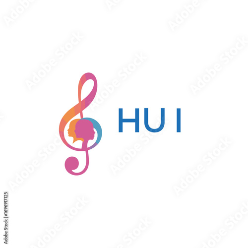 HUI “Colorful music logo with human faces and treble clef design” HUI Later Logo, “Creative music academy logo with silhouette heads and notes” 
