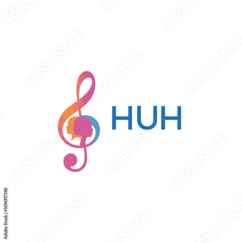 HUH “Colorful music logo with human faces and treble clef design” HUH Later Logo, “Creative music academy logo with silhouette heads and notes” 
