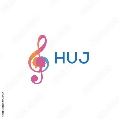 HUJ “Colorful music logo with human faces and treble clef design” HUJ Later Logo, “Creative music academy logo with silhouette heads and notes” 
