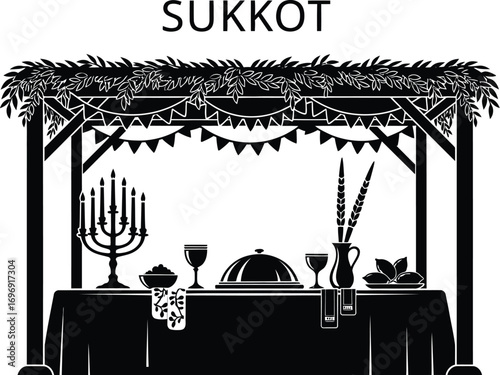 Silhouette of sukkah for sukkot jewish holiday, featuring table, food, and decorations