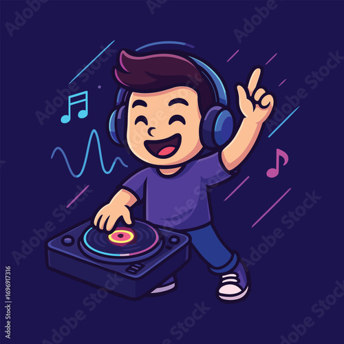 Cute dj kid with headphones and turntable vector cartoon