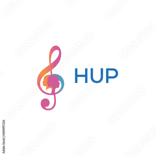 HUP “Colorful music logo with human faces and treble clef design” HUP Later Logo, “Creative music academy logo with silhouette heads and notes” 
