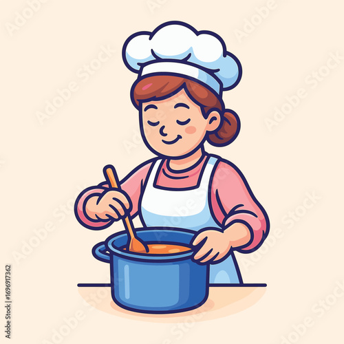 Cute female chef cooking food wearing an apron and hat vector cartoon