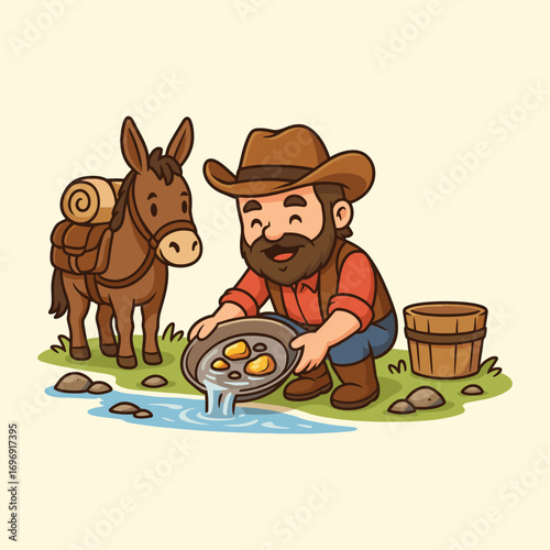 Gold prospector panning vector cartoon