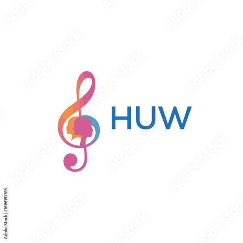 HUW “Colorful music logo with human faces and treble clef design” HUW Later Logo, “Creative music academy logo with silhouette heads and notes” 
