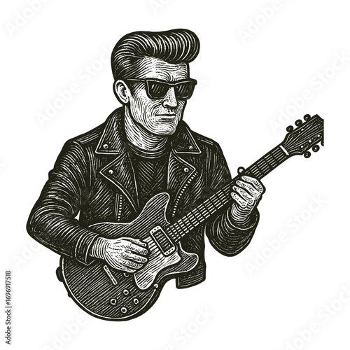 Rockabilly guitarist in leather jacket engraving vintage vector illustration