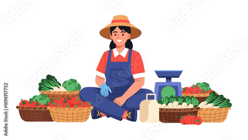 Proud Gardener among Harvest: A friendly gardener surrounded by a bountiful harvest of fresh vegetables, the scene captures the essence of a thriving farm.