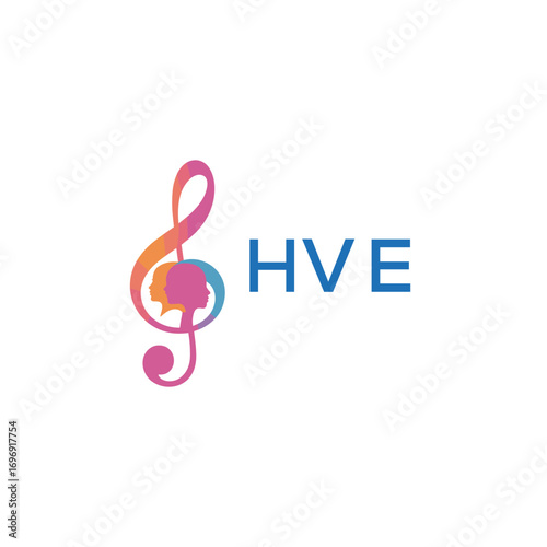 HVE “Colorful music logo with human faces and treble clef design” HVE Later Logo, “Creative music academy logo with silhouette heads and notes” 
