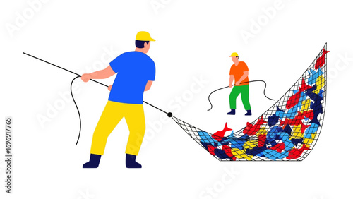 Fishing Together: A pair of fishermen collaborate, their efforts culminating in a net overflowing with fish. A vibrant display of teamwork, industry, and abundance. 