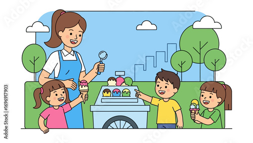 Ice Cream Delight: A heartwarming scene unfolds as a vendor serves ice cream to cheerful children in a sunny park, creating a moment of pure summer joy.