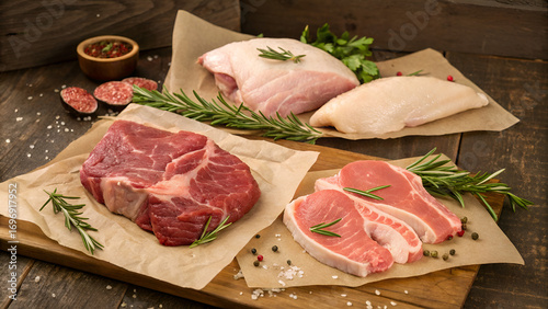 Assorted raw meat cuts (beef, lamb, chicken) on butcher paper with herbs on a rustic wooden brown background.