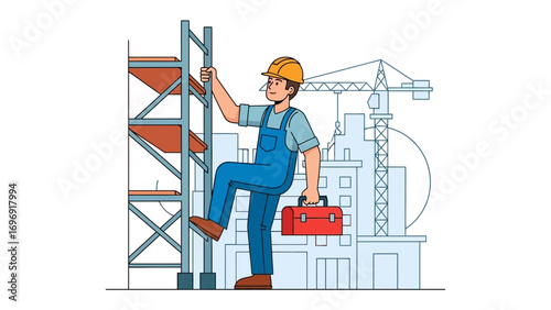 Construction Worker on Duty: A construction worker in a hard hat steadily ascends scaffolding, a testament to their dedication, embodying the spirit of diligent work on the construction site.