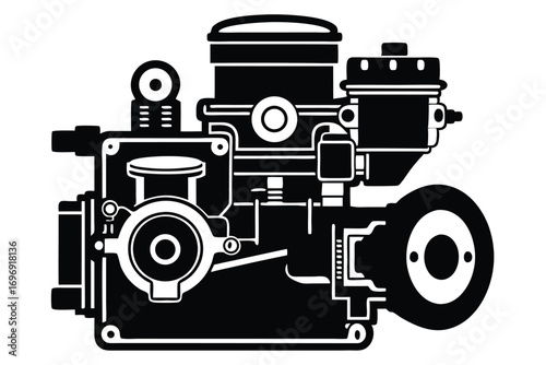 Detailed Engine Illustration Vintage Machinery, Black and White Schematic, Complex Design, Component Overview