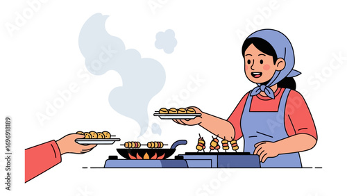 Delicious Delights: A culinary scene unfolds as a smiling food vendor skillfully prepares savory skewers of grilled delights, their aroma filling the air.