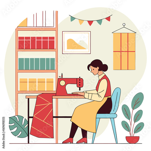 Cozy sewing room scene with woman operating a sewing machine and colorful fabric