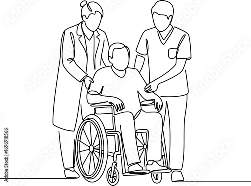 Medical professionals assist patient in wheelchair for healthcare and support