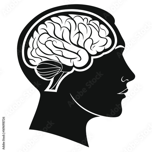 Side View Silhouette of Human Head Displaying Brain and Cerebellum profile