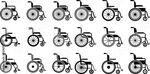 Collection of diverse wheelchair icons and line art representing mobility aids