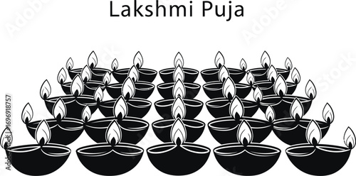 Illustration of many lit oil lamps for the lakshmi puja festival, a traditional hindu celebration