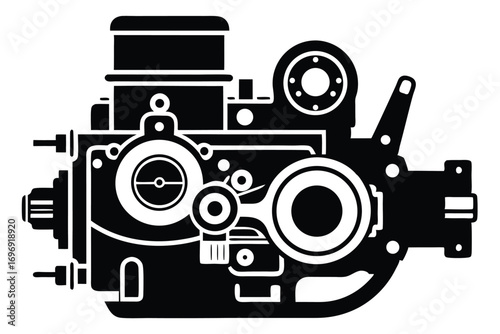 Black and White Silhouette Illustration of Detailed Engine Components and Various Mechanical Parts