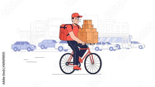 Delivery Service: An energetic courier skillfully navigates city streets on a bicycle, laden with boxes and a backpack, embodying efficiency, reliability, and rapid service.