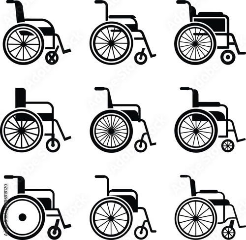 Collection of diverse wheelchair designs for accessibility and mobility assistance shown in a grid layout