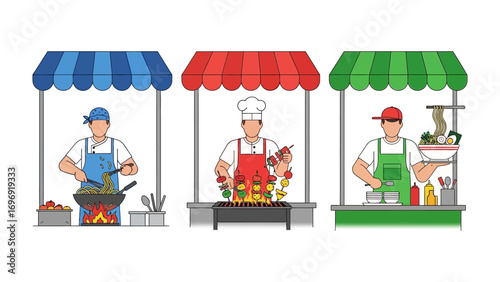 Culinary Market Scene: Illustration depicting street vendors preparing a diverse range of delicious foods within the vibrant setting of a food market, captured in a flat design aesthetic.