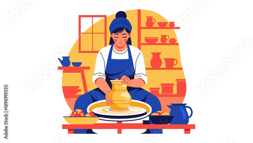 Crafting with Passion: An illustration of a skilled artisan meticulously shaping clay on a potter's wheel, showcasing the beauty of craftsmanship and the joy of creation in a serene studio setting.