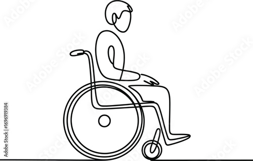 Minimalist line art of person sitting in wheelchair side profile simple human mobility aid