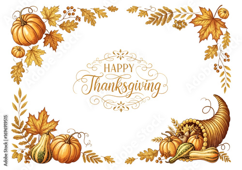 Elegant thanksgiving frame with pumpkins, leaves, and a cornucopia on a transparent background