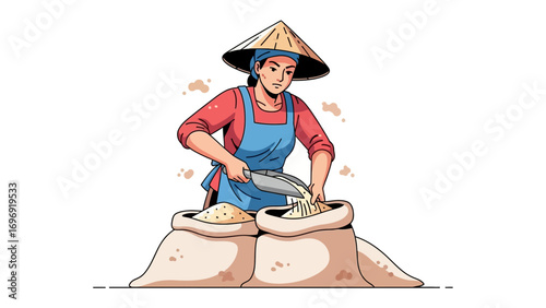 Artisan Farmer at Work: A determined artisan farmer, wearing a traditional conical hat, diligently fills burlap sacks with the harvest.