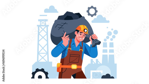 The Burden of Labor: An illustration of a dedicated coal miner bravely carries a heavy sack of coal, symbolizing the strength and toil inherent in the industry.