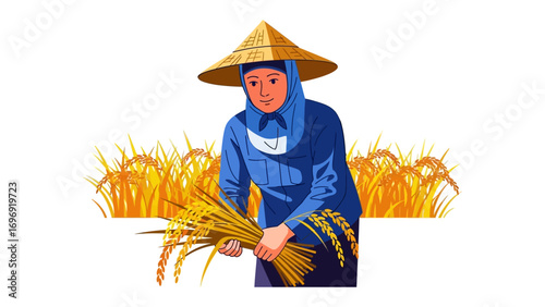 Asian farmer harvesting the crop : An illustrative depiction captures an Asian farmer diligently reaping a bountiful harvest, surrounded by golden fields, evoking a sense of agricultural tradition.