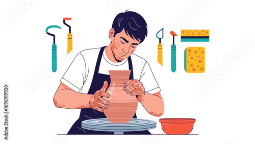 Crafting the Soul: An artist molds a clay vessel with skill on a pottery wheel, amidst a colorful array of tools. Experience the magic of creation as they shape the clay to form a vessel.