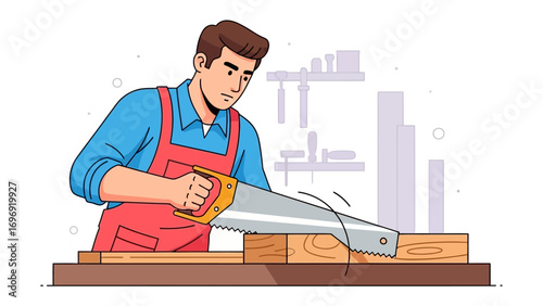 Craftsman at Work: A skilled craftsman meticulously saws a wooden plank with precision, showcasing expertise and the art of carpentry.
