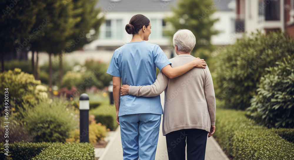 Obraz premium Healthcare worker with elderly woman on sunny path, senior support concept for eldercare advertising, hospital and clinic websites, senior living facilities, family care services, healthcare brochures