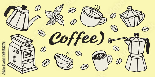 Vintage doodle seamless vector pattern with hand drawn bakery and breakfast food illustrations. featuring coffee and its instrumental.