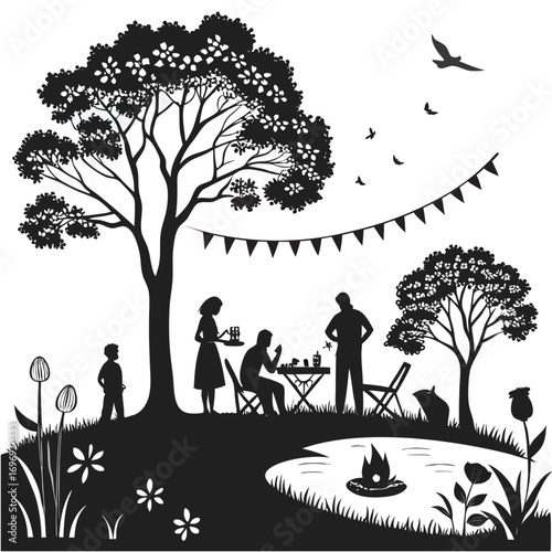 Silhouette of a family picnic with a pond and a bonfire in a grassy park outdoor