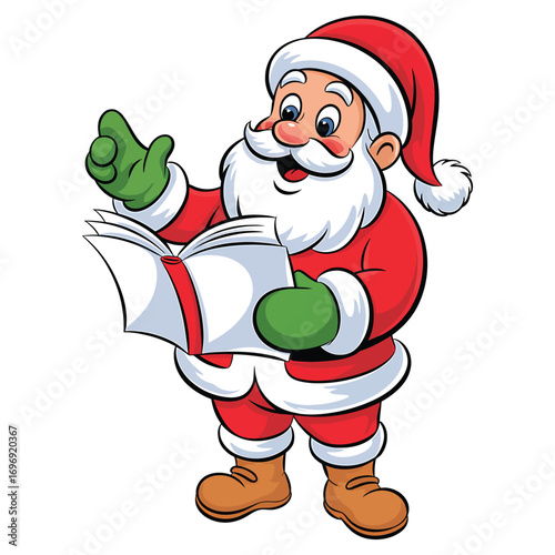 Santa claus singing from a songbook cartoon santa claus holding a book and singing christmas concept
