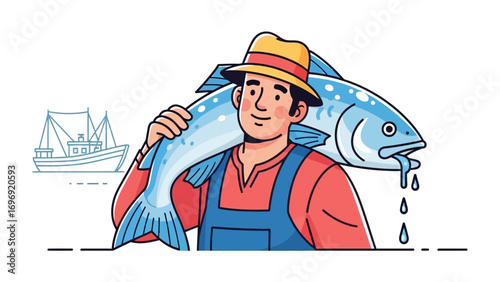 Fisherman's Catch: A fisherman, proudly carrying a freshly caught fish, showcases his rewarding day, capturing the essence of hard work, maritime culture, and the bounty of the sea.