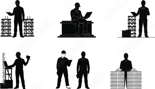 Construction engineers and architects using laptops and blueprints on site, silhouettes of professionals working at building construction project scenes