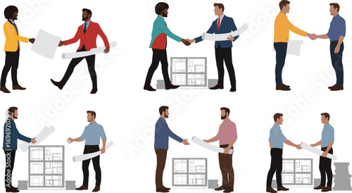 Architects and engineers shaking hands with blueprints, teamwork collaboration concept, professional men discussing construction project vector illustration multiple poses