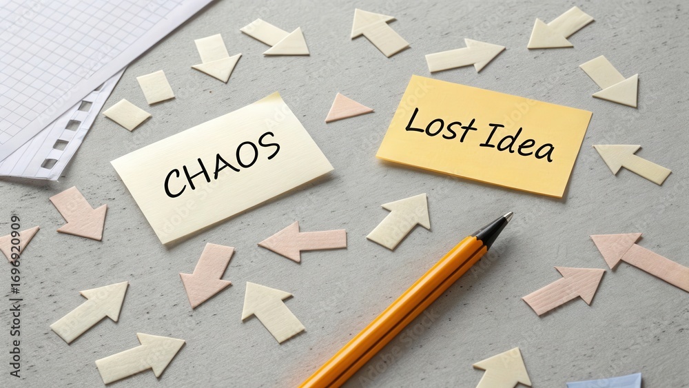 Fototapeta premium Chaotic Workspace Presentation with Notepad and Arrow Indicators